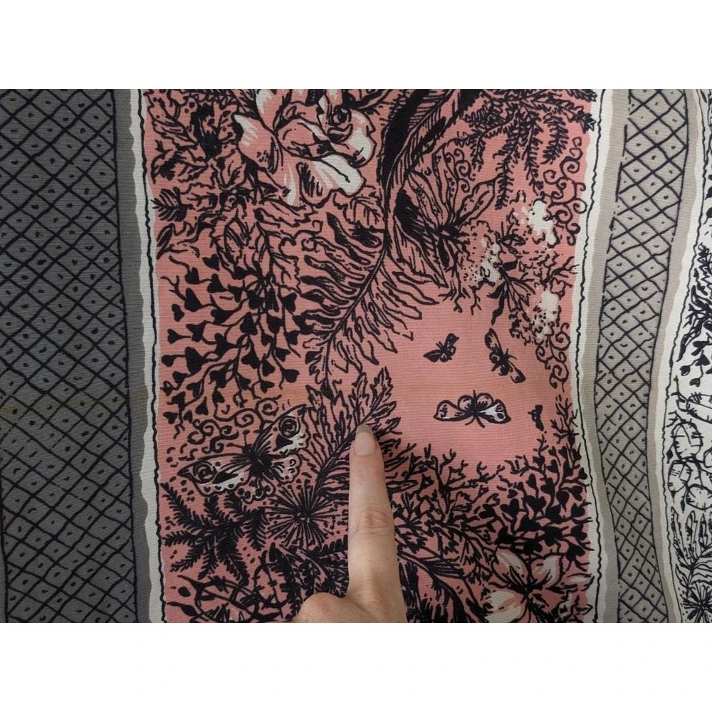 Vintage California Hand Prints Tablecloth Pink Gray Botanical Butterflies 1950s